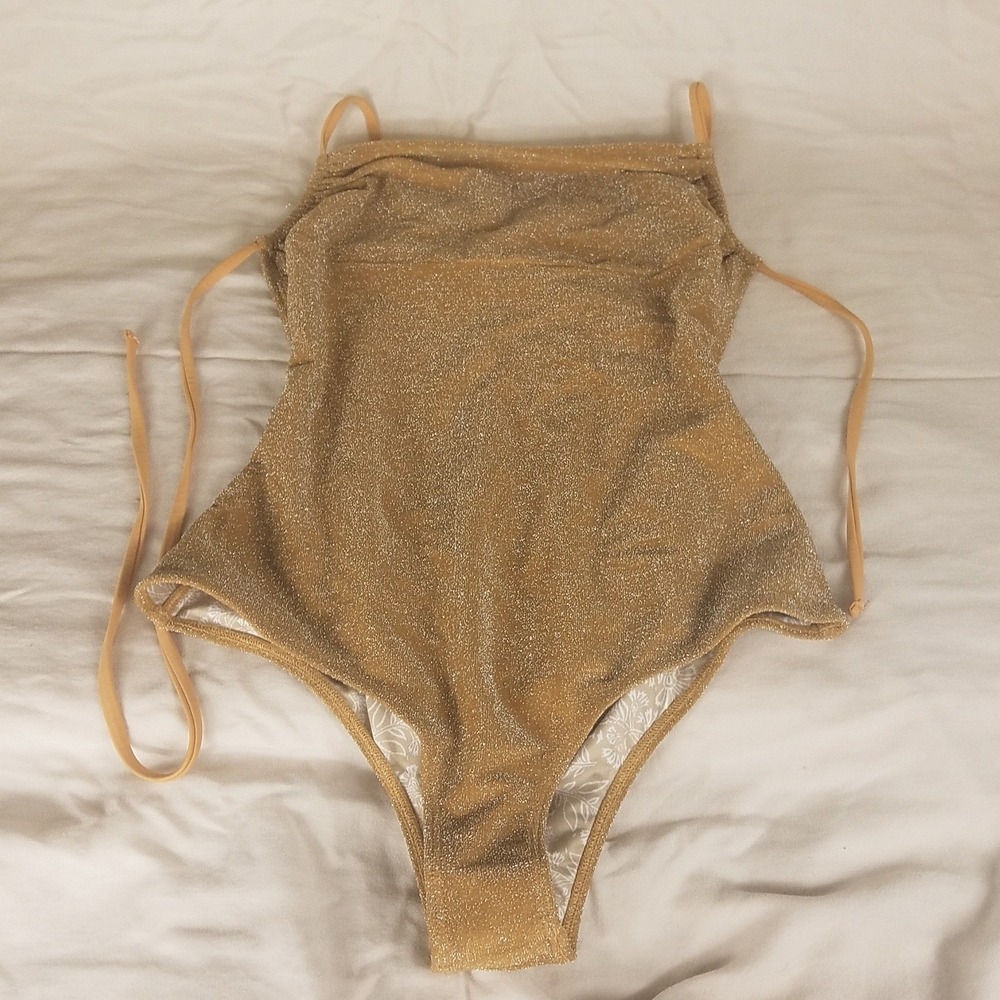 Free-est One Piece Swimsuit Womens M Gold Excellent Metallic Shimmer Tie Back